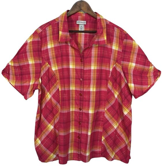 Catherines x Liz & Me Button Up Shirt‎ Women Size 2X Pink Plaid Short Sleeve - Picture 1 of 8